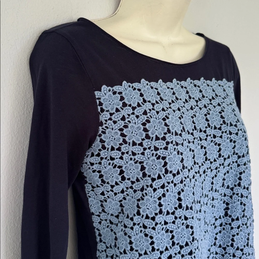 J. Crew blue floral textured eyelet lace 3/4 sleeve cotton knit top size XS